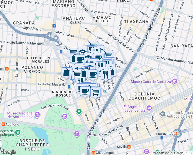 map of restaurants, bars, coffee shops, grocery stores, and more near Gutenberg in Ciudad de México
