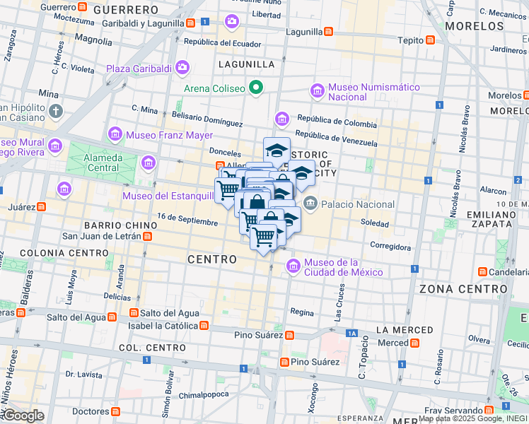 map of restaurants, bars, coffee shops, grocery stores, and more near 2 Plaza de la Constitución in Mexico City