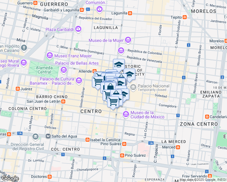 map of restaurants, bars, coffee shops, grocery stores, and more near 2 Plaza de la Constitución in Mexico City