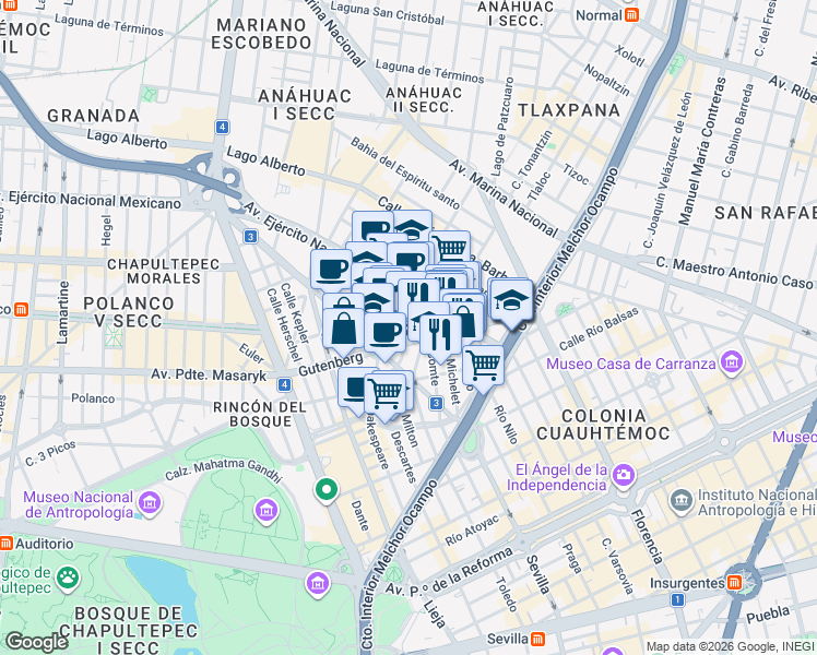 map of restaurants, bars, coffee shops, grocery stores, and more near Bécquer in Ciudad de México