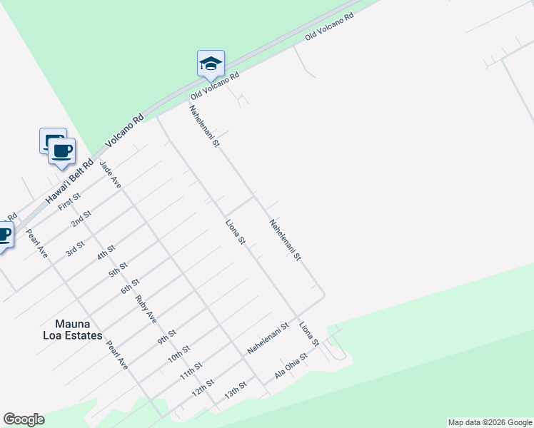map of restaurants, bars, coffee shops, grocery stores, and more near Nahelenani Street in Hawaii County
