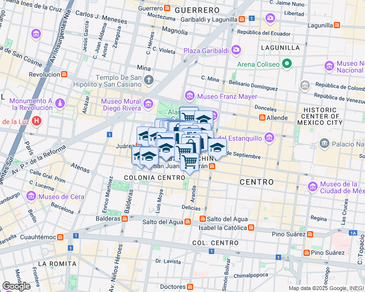 map of restaurants, bars, coffee shops, grocery stores, and more near Avenida Independencia in Mexico City