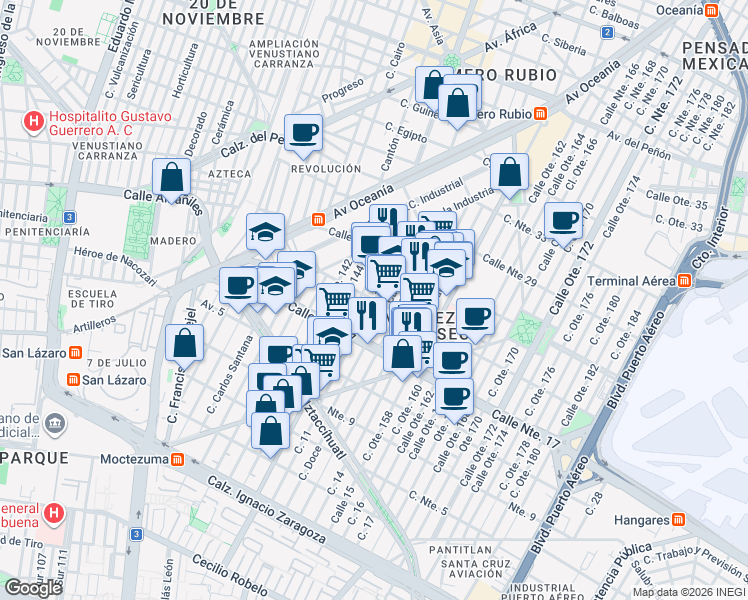 map of restaurants, bars, coffee shops, grocery stores, and more near Calle Oriente 148 in Ciudad de México