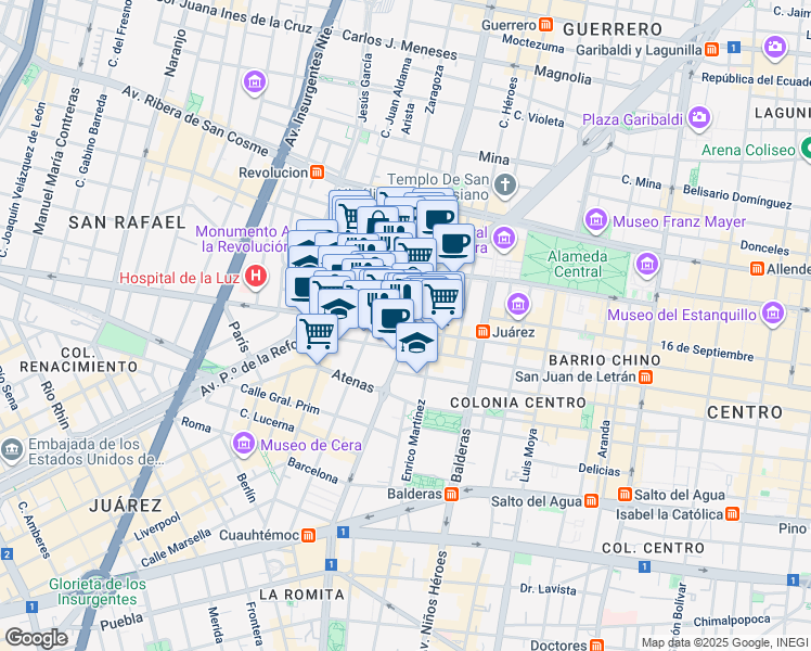 map of restaurants, bars, coffee shops, grocery stores, and more near 35 Bucareli in Ciudad de México