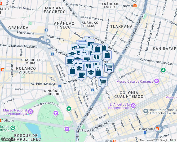 map of restaurants, bars, coffee shops, grocery stores, and more near Bécquer in Ciudad de México