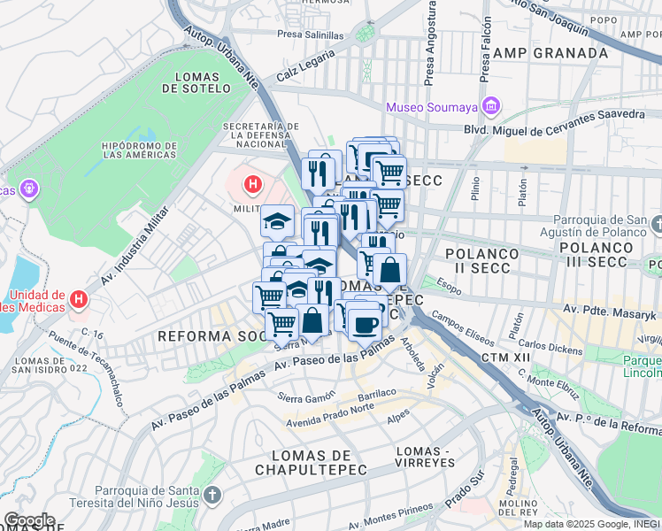 map of restaurants, bars, coffee shops, grocery stores, and more near 22 Cerrada Palomas in Ciudad de México