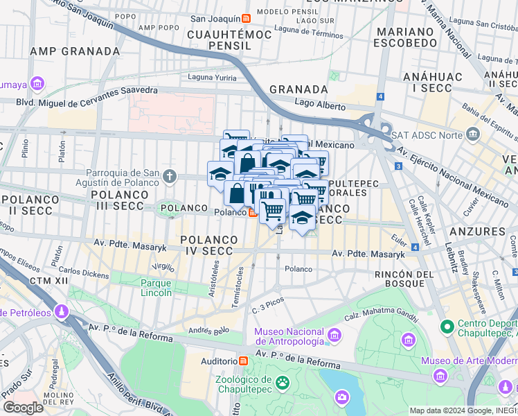 map of restaurants, bars, coffee shops, grocery stores, and more near 138 Arquímedes in Mexico City