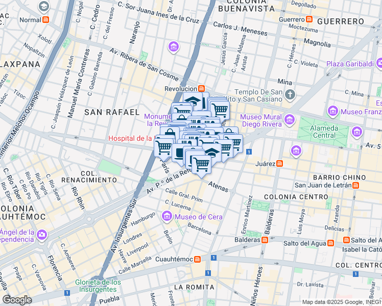 map of restaurants, bars, coffee shops, grocery stores, and more near 19 Calle Maestro Antonio Caso in Ciudad de México
