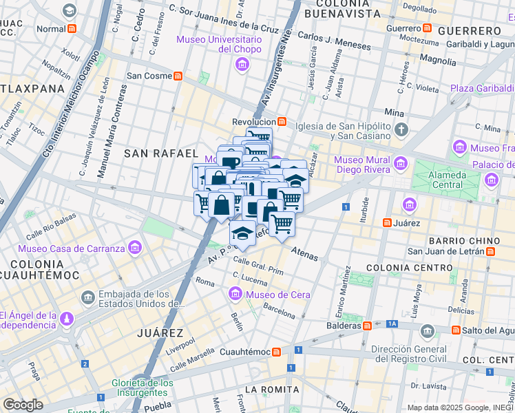 map of restaurants, bars, coffee shops, grocery stores, and more near 40 Ignacio L. Vallarta in Ciudad de México