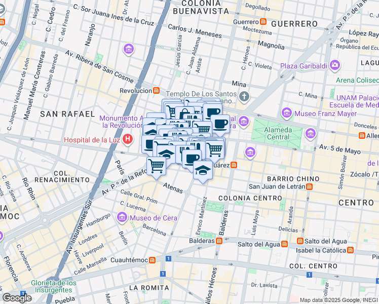 map of restaurants, bars, coffee shops, grocery stores, and more near 26 Avenida Paseo de la Reforma in Ciudad de México