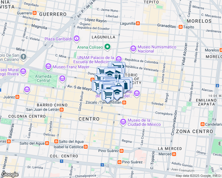 map of restaurants, bars, coffee shops, grocery stores, and more near 7 Calle Monte de Piedad in Centro