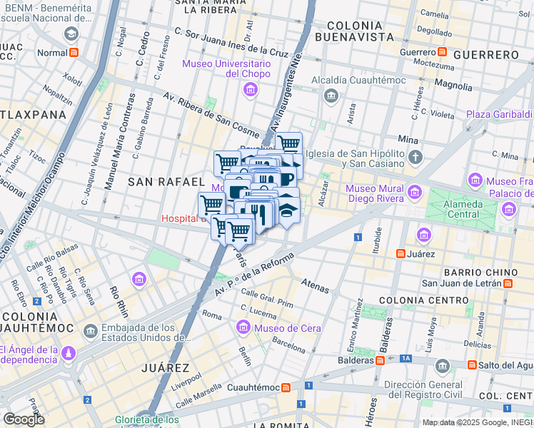 map of restaurants, bars, coffee shops, grocery stores, and more near 40 Ignacio L. Vallarta in Ciudad de México