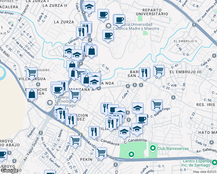 map of restaurants, bars, coffee shops, grocery stores, and more near Avenida Penetracion Villa olimpica in Santiago De Los Caballeros