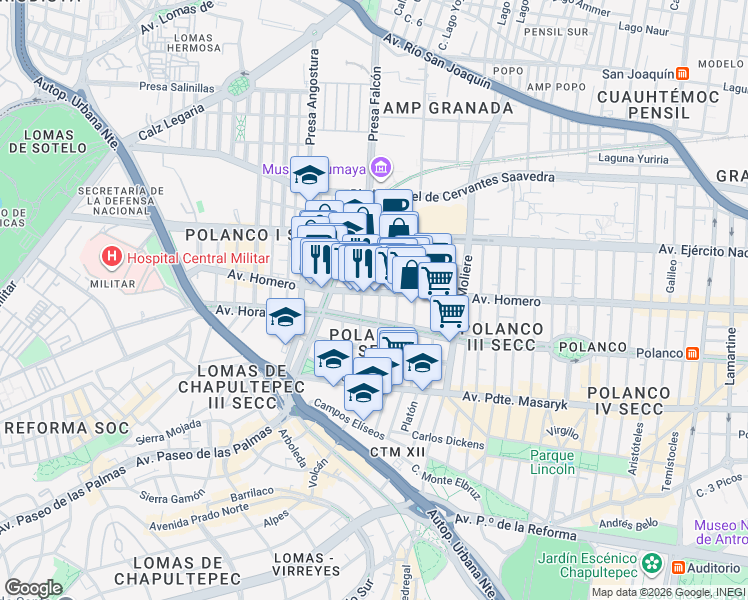 map of restaurants, bars, coffee shops, grocery stores, and more near 1500 Avenida Homero in Ciudad de México