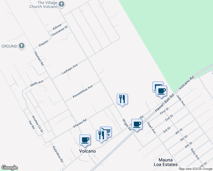 map of restaurants, bars, coffee shops, grocery stores, and more near 19-4092 Wright Road in Volcano