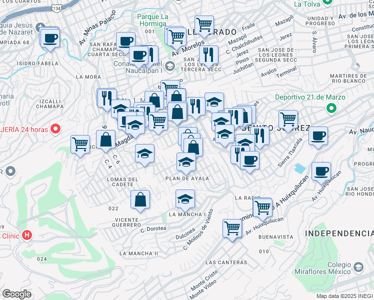 map of restaurants, bars, coffee shops, grocery stores, and more near 120 Calle Primero de Mayo in Naucalpan de Juárez