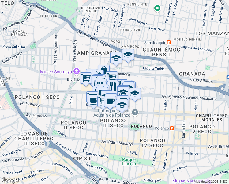 map of restaurants, bars, coffee shops, grocery stores, and more near 769 Avenida Ejército Nacional Mexicano in Ciudad de México
