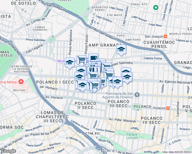 map of restaurants, bars, coffee shops, grocery stores, and more near 843-B Avenida Ejército Nacional in Ciudad de México