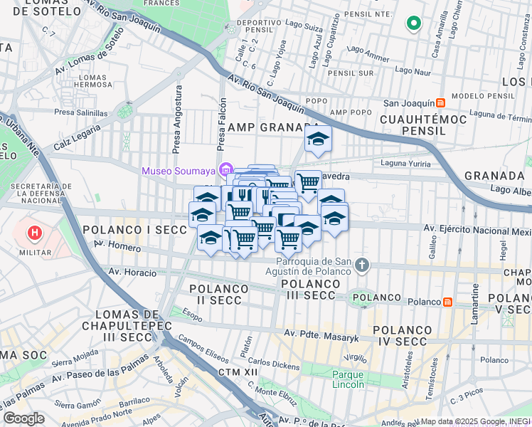 map of restaurants, bars, coffee shops, grocery stores, and more near 843-B Avenida Ejército Nacional Mexicano in Ciudad de México