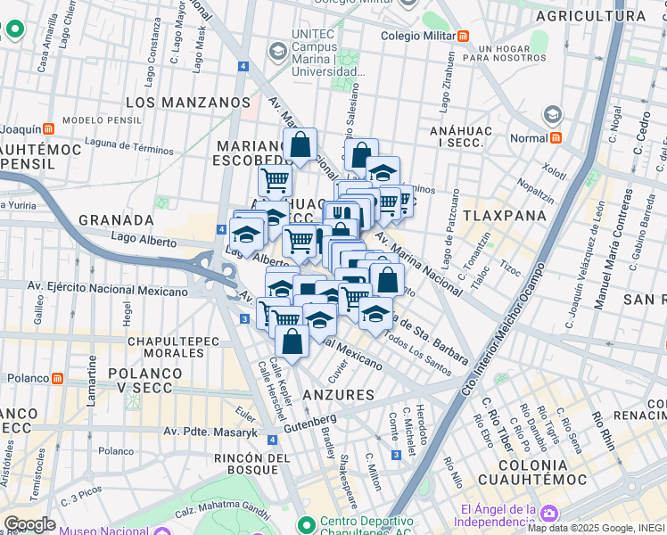 map of restaurants, bars, coffee shops, grocery stores, and more near 442 Lago Alberto in Ciudad de México