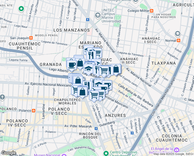 map of restaurants, bars, coffee shops, grocery stores, and more near 369 Lago Alberto in Ciudad de México