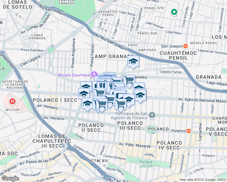map of restaurants, bars, coffee shops, grocery stores, and more near 843-B Avenida Ejército Nacional Mexicano in Ciudad de México