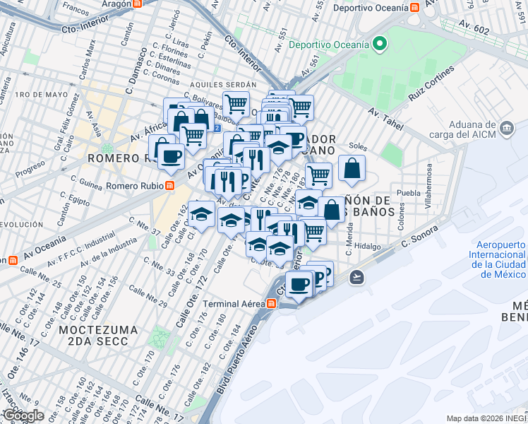 map of restaurants, bars, coffee shops, grocery stores, and more near 466 Avenida del Peñón in Ciudad de México