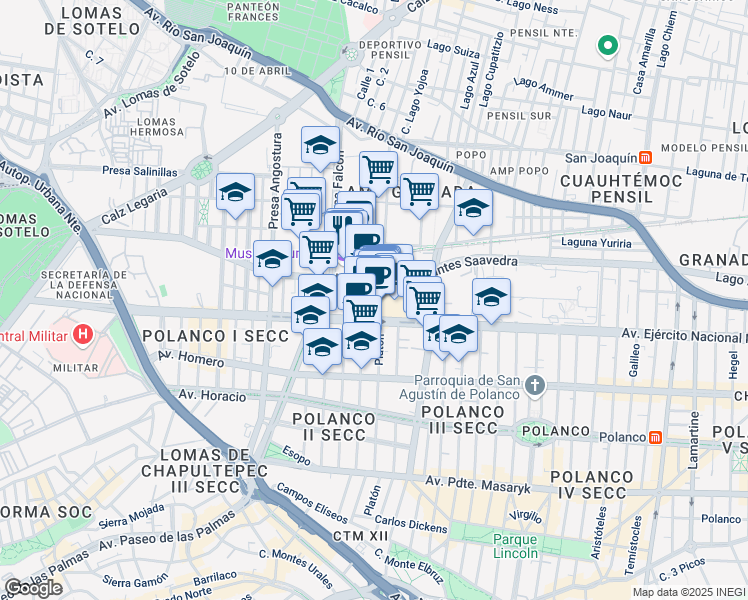 map of restaurants, bars, coffee shops, grocery stores, and more near 843-B Avenida Ejército Nacional in Ciudad de México