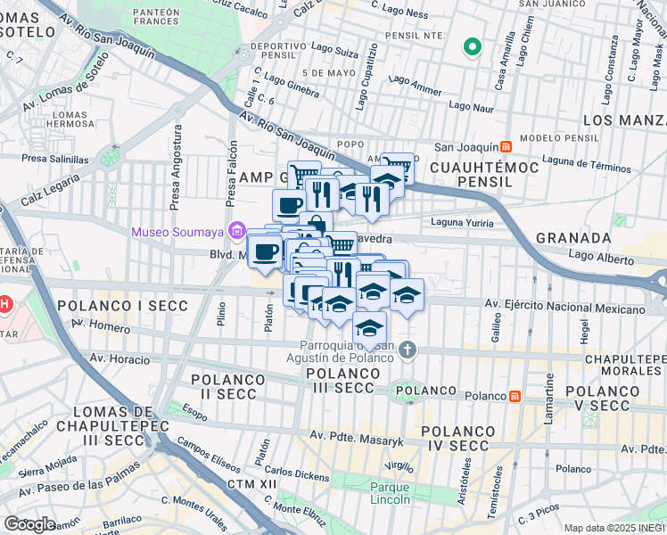 map of restaurants, bars, coffee shops, grocery stores, and more near 769 Avenida Ejército Nacional in Ciudad de México