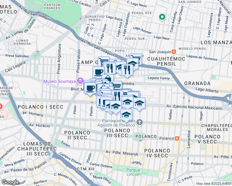 map of restaurants, bars, coffee shops, grocery stores, and more near 769 Avenida Ejército Nacional in Ciudad de México