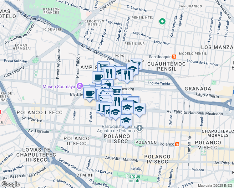map of restaurants, bars, coffee shops, grocery stores, and more near 769 Avenida Ejército Nacional in Ciudad de México