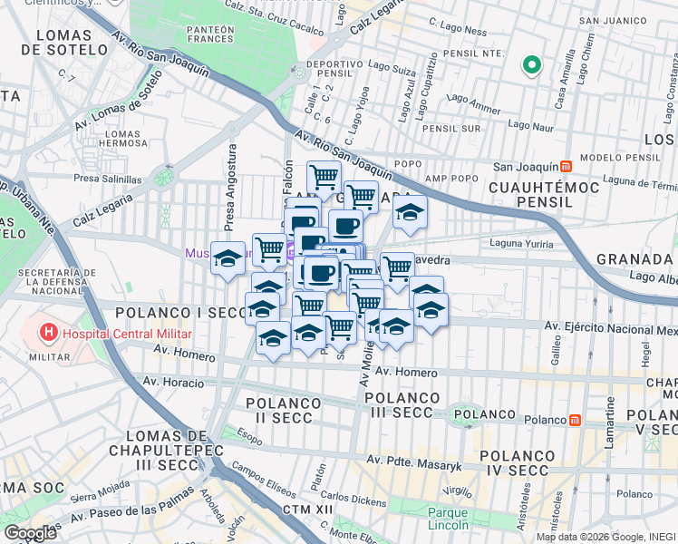 map of restaurants, bars, coffee shops, grocery stores, and more near 301 Boulevard Miguel de Cervantes Saavedra in Ciudad de México