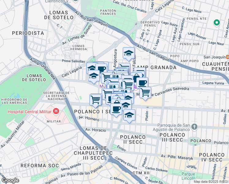 map of restaurants, bars, coffee shops, grocery stores, and more near 251 Boulevard Miguel de Cervantes Saavedra in Ciudad de México