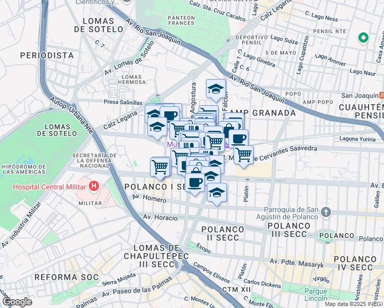 map of restaurants, bars, coffee shops, grocery stores, and more near 251 Boulevard Miguel de Cervantes Saavedra in Ciudad de México