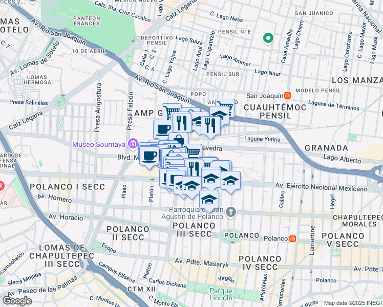 map of restaurants, bars, coffee shops, grocery stores, and more near 769 Avenida Ejército Nacional Mexicano in Ciudad de México