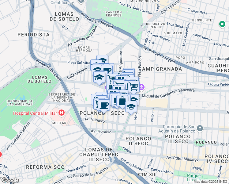 map of restaurants, bars, coffee shops, grocery stores, and more near 169 Miguel de Cervantes Saavedra in Ciudad de México