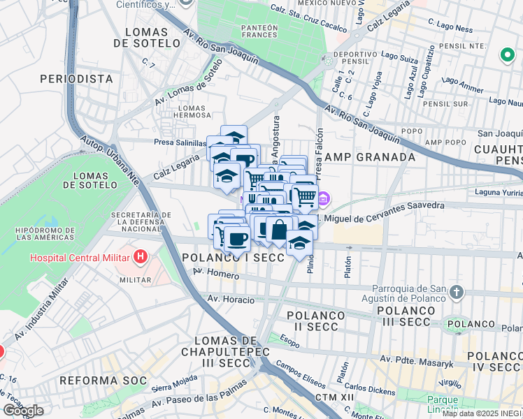map of restaurants, bars, coffee shops, grocery stores, and more near 169 Miguel de Cervantes Saavedra in Ciudad de México