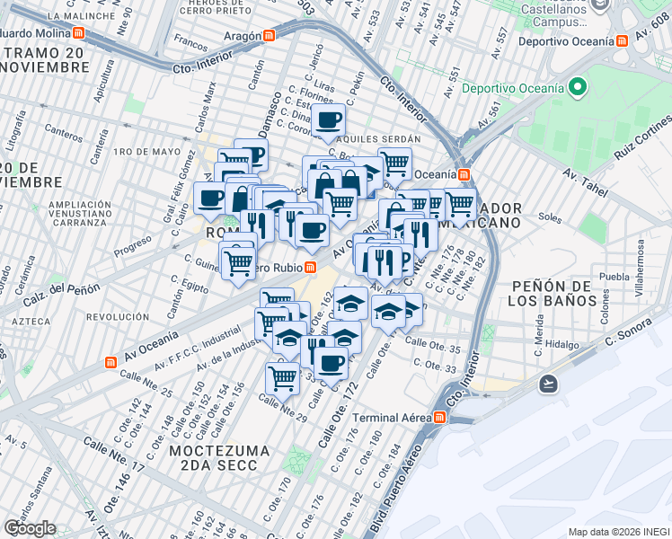 map of restaurants, bars, coffee shops, grocery stores, and more near 365 Avenida del Peñón in Ciudad de México