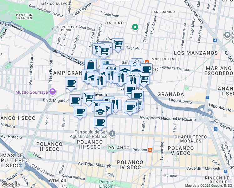 map of restaurants, bars, coffee shops, grocery stores, and more near 103 Boulevard Miguel de Cervantes Saavedra in Ciudad de México