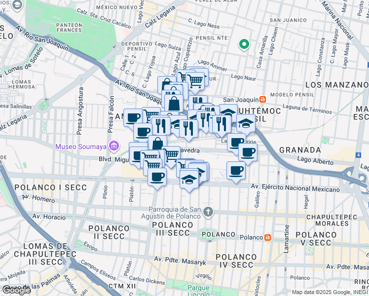map of restaurants, bars, coffee shops, grocery stores, and more near 103 Boulevard Miguel de Cervantes Saavedra in Ciudad de México