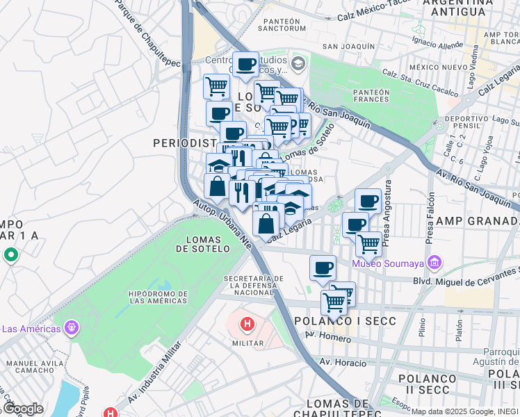 map of restaurants, bars, coffee shops, grocery stores, and more near Presa Salinillas in Ciudad de México