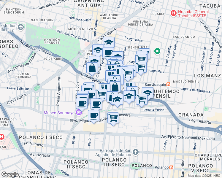 map of restaurants, bars, coffee shops, grocery stores, and more near 436 Avenida Río San Joaquín in Ciudad de México