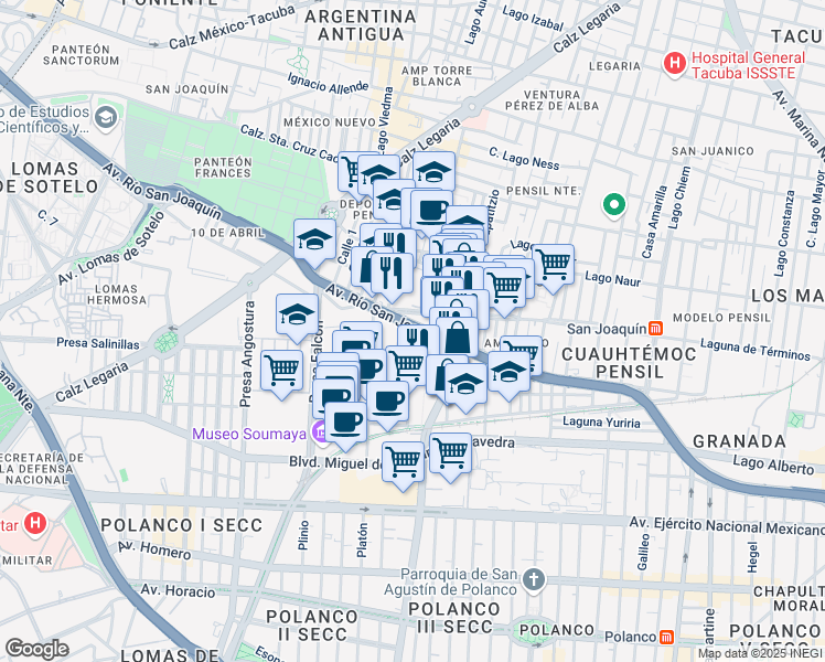 map of restaurants, bars, coffee shops, grocery stores, and more near 498 Avenida Río San Joaquín in Ciudad de México