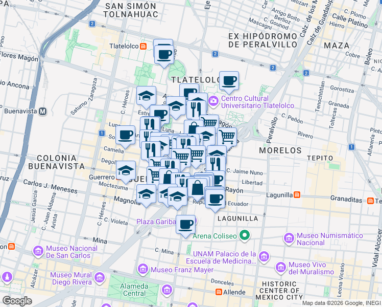 map of restaurants, bars, coffee shops, grocery stores, and more near 196 Eje Central Lázaro Cárdenas in Ciudad de México