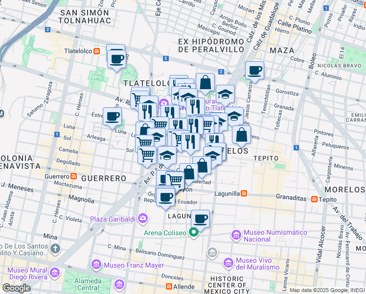 map of restaurants, bars, coffee shops, grocery stores, and more near 243 Paseo de la Reforma in Ciudad de México