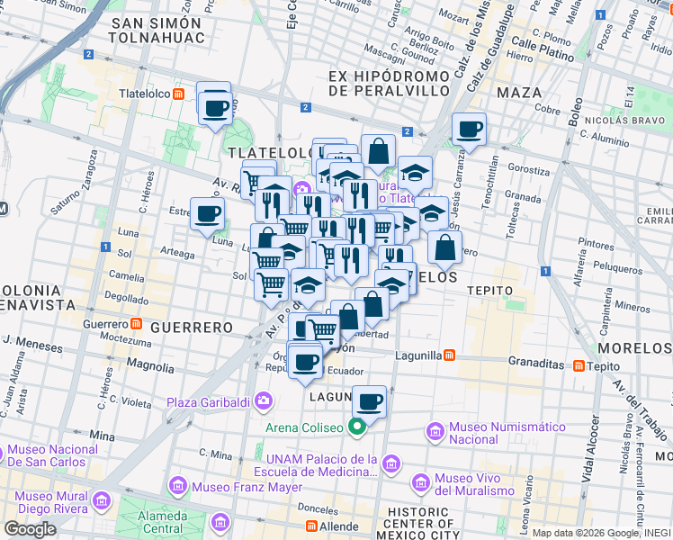 map of restaurants, bars, coffee shops, grocery stores, and more near 243 Paseo de la Reforma in Ciudad de México