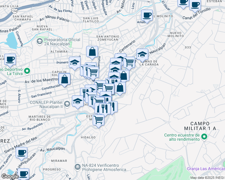 map of restaurants, bars, coffee shops, grocery stores, and more near 1 Huixquilucan in Naucalpan de Juárez