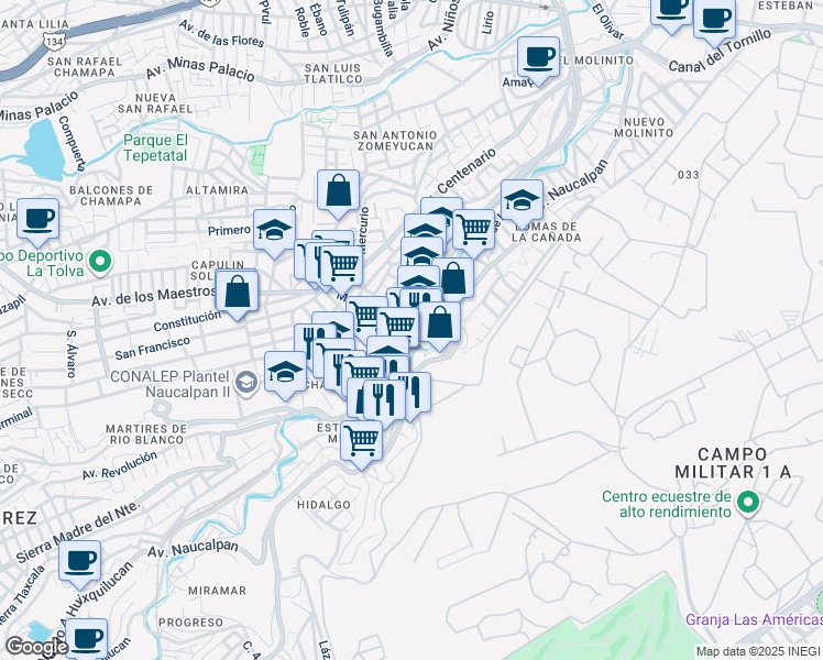 map of restaurants, bars, coffee shops, grocery stores, and more near 1 Huixquilucan in Naucalpan de Juárez