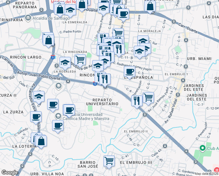 map of restaurants, bars, coffee shops, grocery stores, and more near Marginal Sur Autopista Duarte in Santiago De Los Caballeros