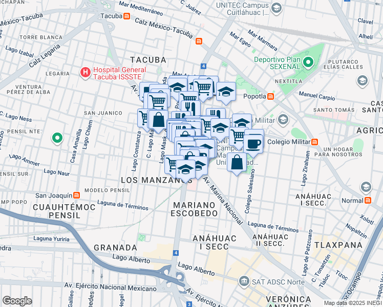 map of restaurants, bars, coffee shops, grocery stores, and more near 60 Avenida Marina Nacional in Ciudad de México
